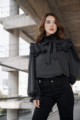 Mona Long Bishop Sleeve High Neck Frill Silk Blouse